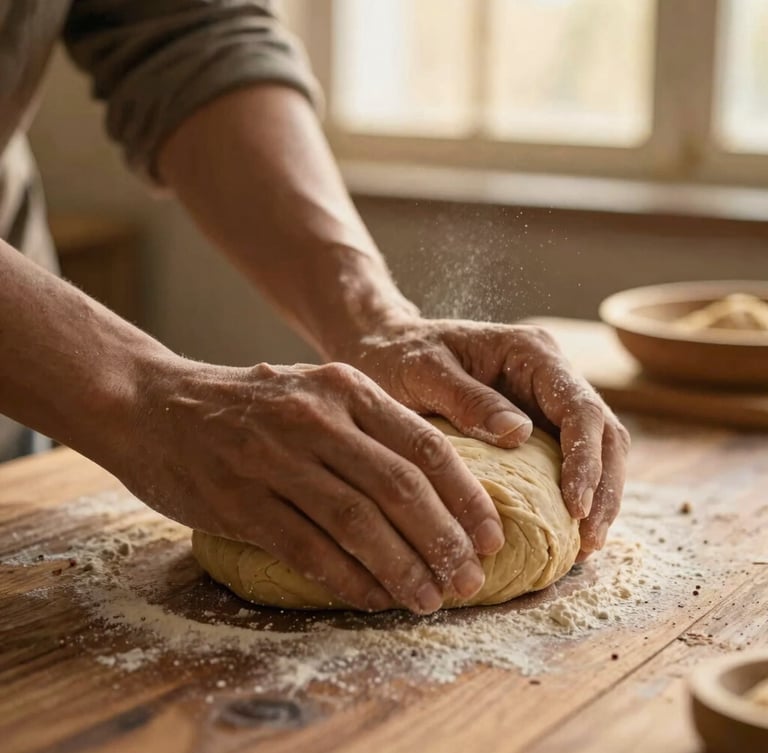 Warm close-up of hands kneading wholesome multigrain atta dough on a rustic wooden table, soft golden window light, flour dust in the air