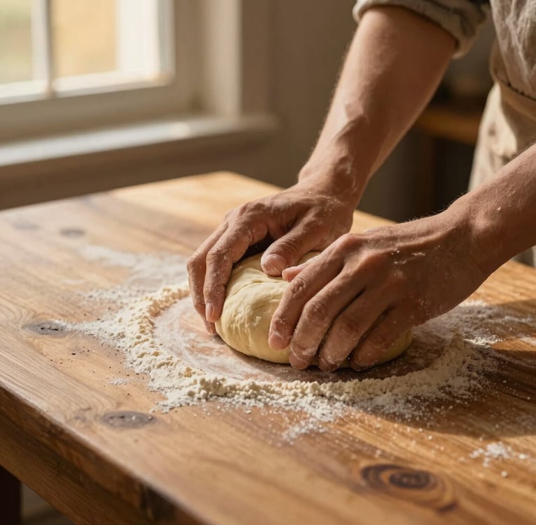Hands kneading soft dough on a rustic wooden counter, dusted with stone-ground millet flour, warm golden window light, soft shadows