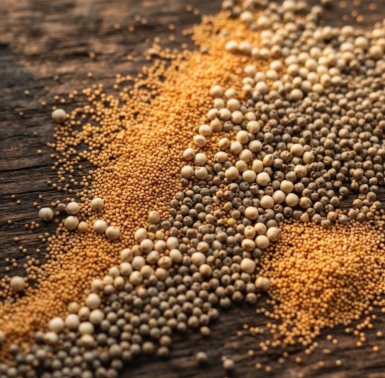 Overhead macro shot of golden amaranth, jowar, and bajra seeds arranged elegantly on a dark wooden surface, warm side lighting, shallow depth of field