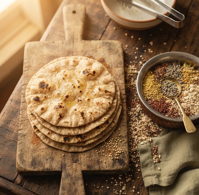 Overhead warm editorial food photography of fresh multigrain tawa rotis on a rustic wooden board, soft golden-hour window light, raw millets scattered beside