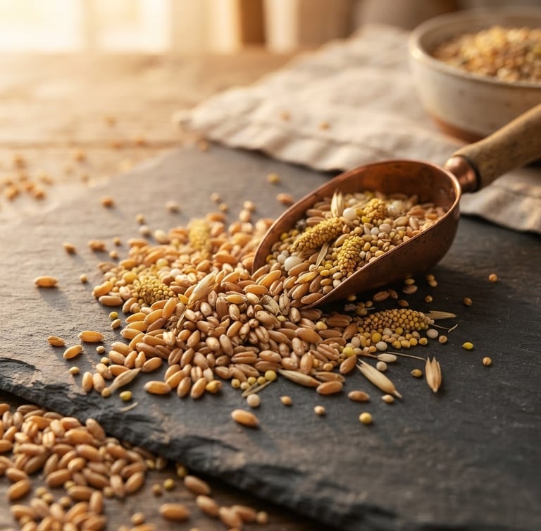 Close-up of golden wheat grains and millets spilling elegantly on a dark stone surface, warm golden-hour window light, shallow depth of field, 50mm lens