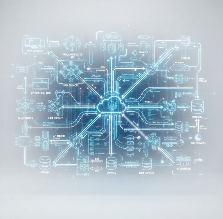 Close-up of a complex but clean architectural diagram on a holographic display, showing data flow between cloud services, bright studio lighting, white background, sharp focus.