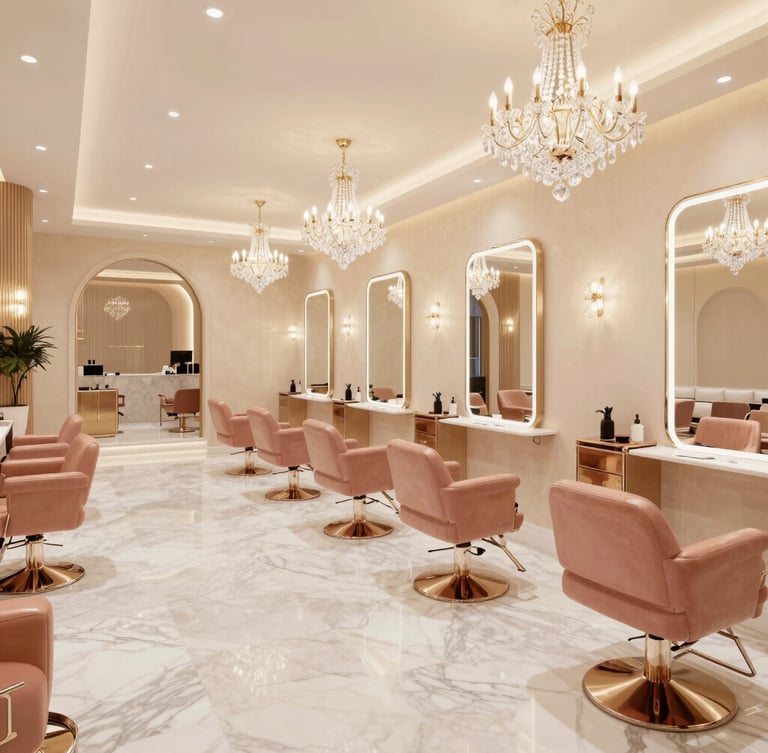 Wide shot of a luxury Dubai-style salon interior with grand crystal chandeliers, Italian marble flooring, and rose gold styling stations under bright warm high-key lighting.