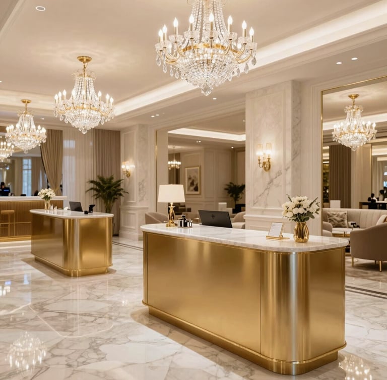 A grand double-height luxury salon lobby with Italian marble floors, crystal chandeliers, and brushed champagne gold styling stations, bright high-key lighting, warm editorial photography.