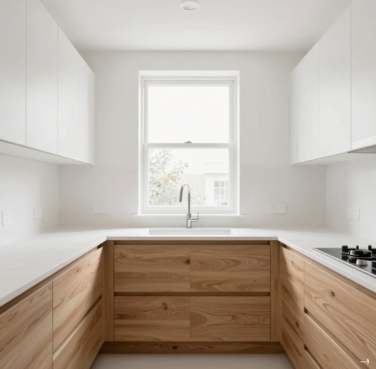 Architectural photography of a clean modern kitchen with warm white oak cabinets, bright natural window light, sharp focus, 35mm lens