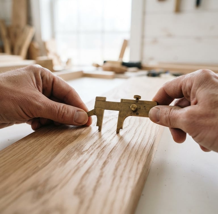 Close-up of hands measuring raw white oak grain with brass calipers, natural daylight, architectural photography, sharp focus, 35mm lens