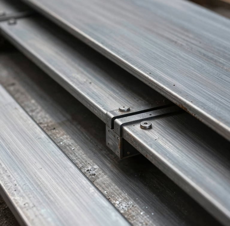 Straight-on orthographic photo of raw brushed steel plates bolted together, deep shadows in the structural seams.