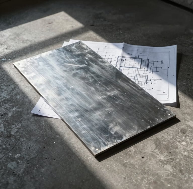 Orthographic flat-lay of cold-rolled steel plates and technical blueprints on a dark concrete floor, hard directional light casting geometric shadows.