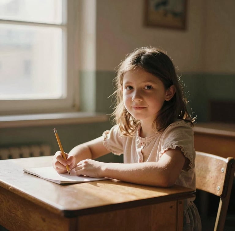 A warm, respectful portrait of a young girl sitting at a simple wooden desk, holding a pencil, soft sunlight streaming from a side window, warm earth tones, shallow depth of field.
