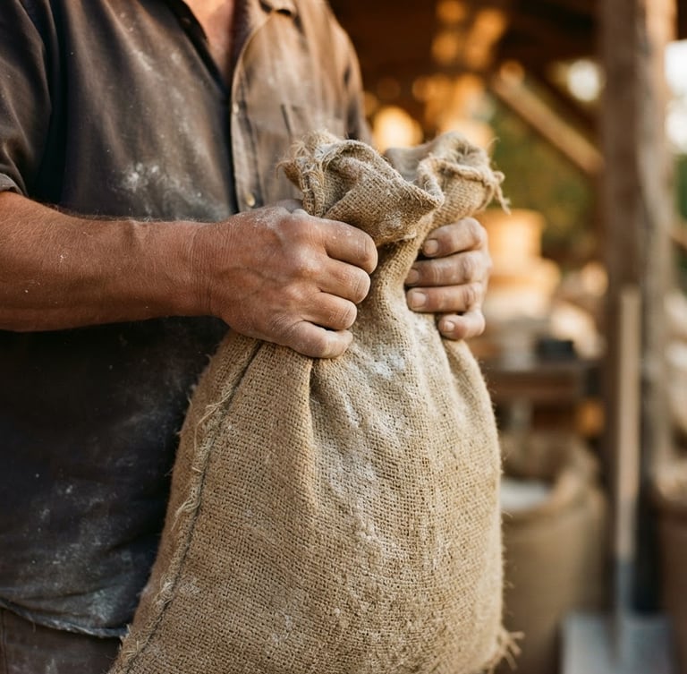 Warm documentary photography of hands holding a heavy burlap sack of flour, golden-hour natural light, rich earth tones, shallow depth of field, 35mm film