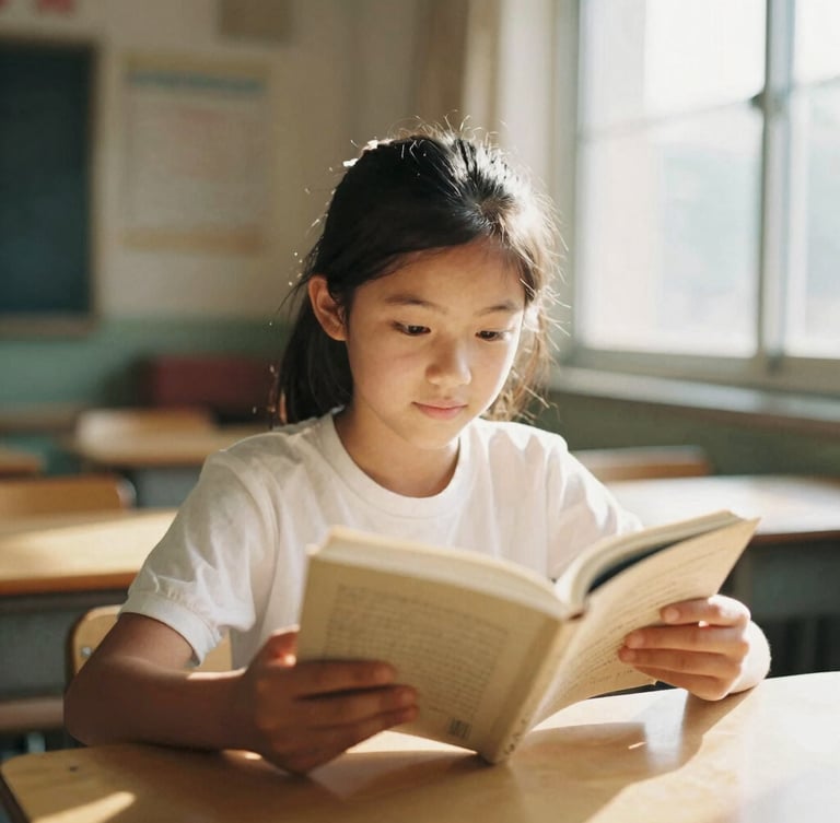 A warm, dignified environmental shot of a young girl in a clean, simple classroom holding an open book, soft natural light streaming from a window, shallow depth of field, 35mm film.