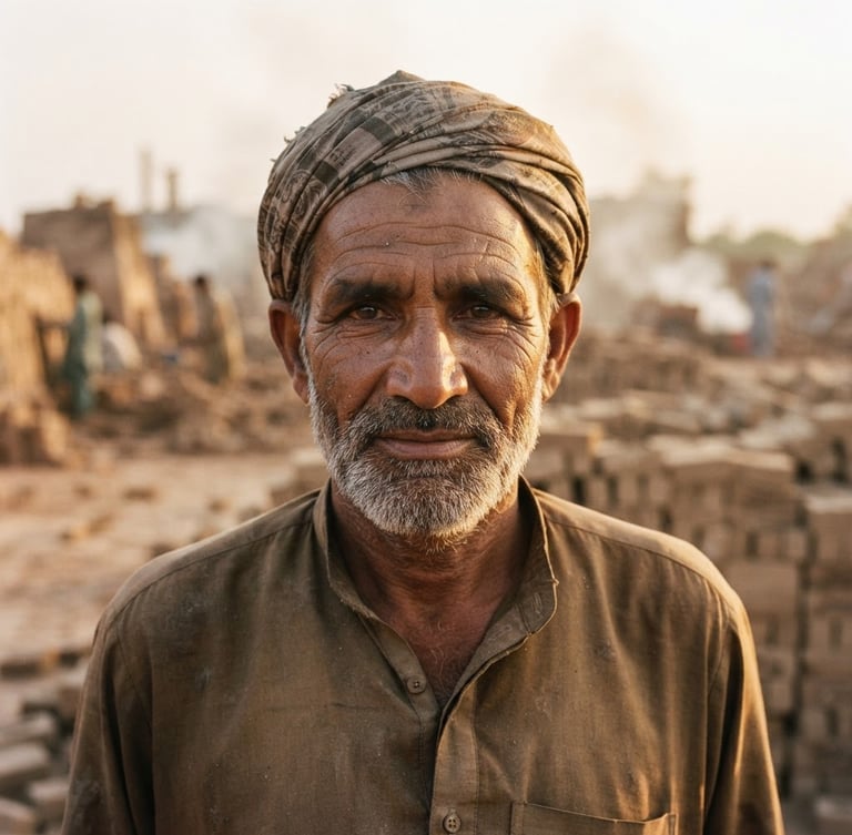 A close-up portrait of a brick kiln worker in Pakistan, looking directly into the camera with quiet dignity, warm golden-hour sunlight illuminating his face, soft dusty clay background, shallow depth of field, 35mm film style.