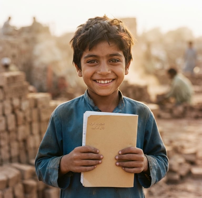 Close-up portrait of a young Pakistani boy smiling warmly, holding a clean notebook, golden-hour natural light, dusty brick kiln background with soft focus, warm earth tones, 35mm film.