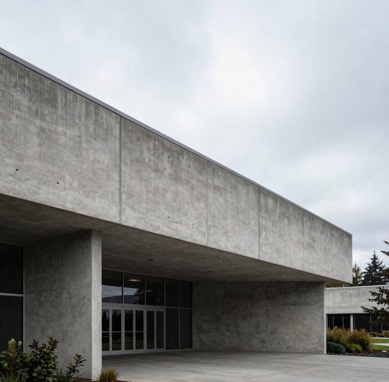 Cool, overcast Pacific Northwest day, a modern concrete civic building entrance with clean lines, sharp architectural angles, and soft diffused light.