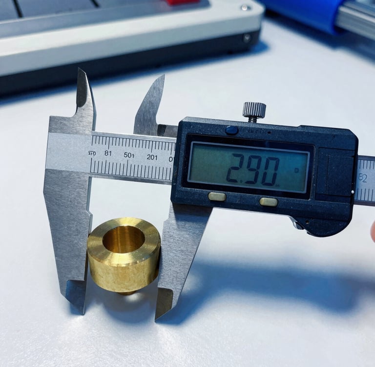 Macro photograph of a high-precision digital caliper measuring a machined brass component, clean industrial workspace, deep blue shadows, sharp focus