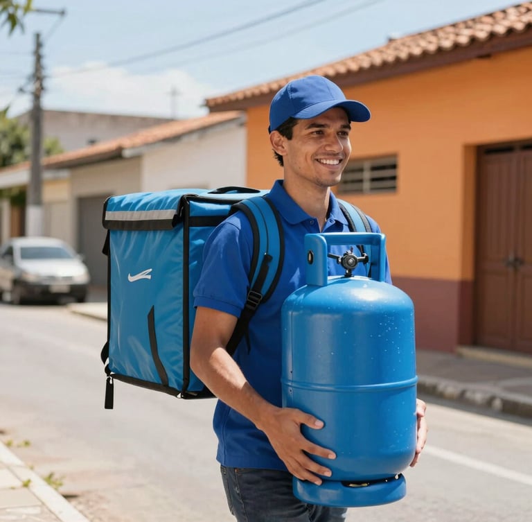 Bright commercial photography of a friendly delivery courier in a neat uniform carrying a clean blue gas cylinder on a sunny street of Camaçari, warm natural daylight, 35mm lens