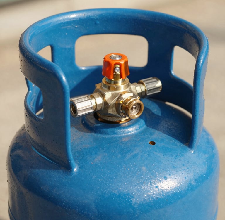 Close-up of a clean blue gas cylinder with a shiny orange safety seal on the valve, bright commercial photography, warm natural daylight, sharp focus