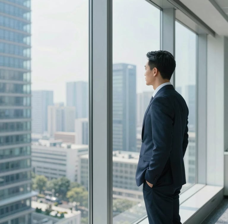 Bright editorial photography of a professional looking out a high-rise office window over a modern cityscape, soft natural daylight, cool blue tones, 35mm lens.