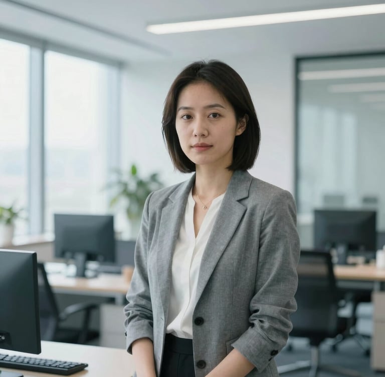 Medium environmental portrait of a professional woman in a bright, modern corporate office, soft overcast daylight, cool blue tones, 35mm lens