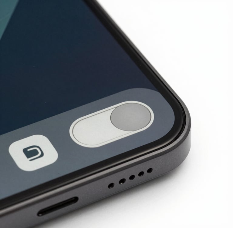 Angled macro render of a clean Android utility interface on a physical device screen, sharp focus on a minimalist toggle switch, stark white background with soft charcoal shadows, diffuse studio lighting.
