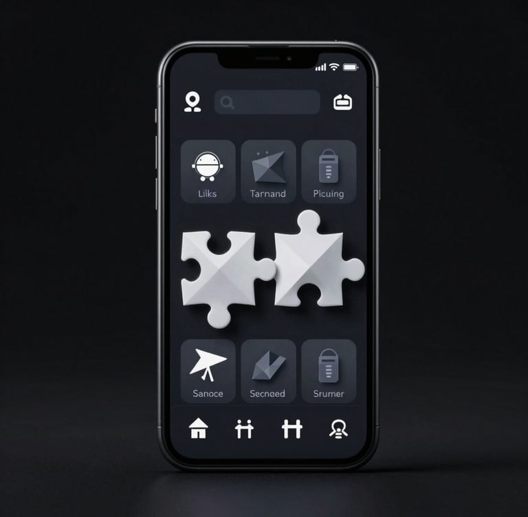 Macro studio render of a minimalist mobile game interface on an Android device, sharp geometric puzzle shapes, high contrast dark mode UI, diffuse lighting