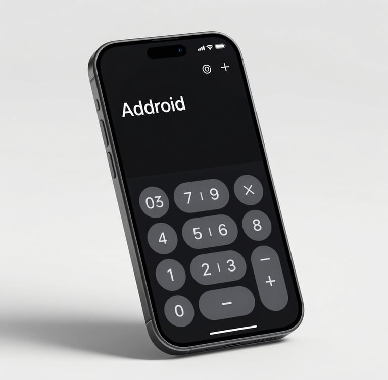A high-fidelity digital render of an Android phone displaying a minimalist dark-mode calculator interface, clean typography, stark shadows, angled perspective.