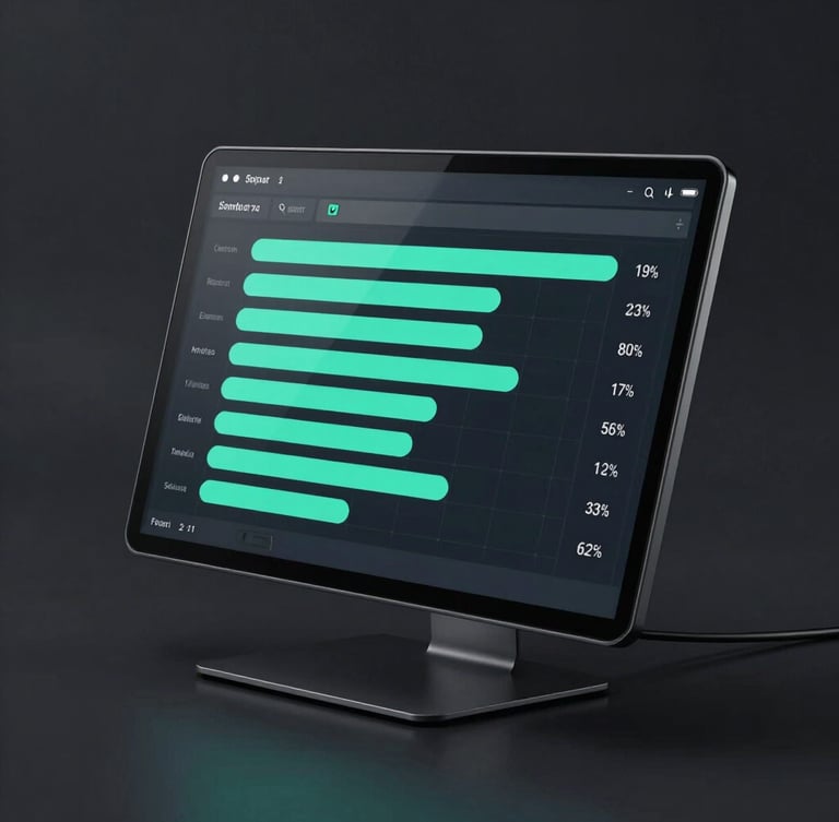 High-fidelity angled device mockup showing a minimalist system monitor interface with clean teal progress bars on a dark charcoal background.