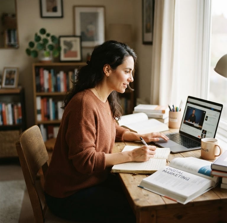 Mulher adulta focada estudando online em um ambiente acolhedor, com cadernos e livros, luz natural suave, transmitindo concentração e desenvolvimento profissional, ao lado de uma mesa, com espaço negativo à esquerda.