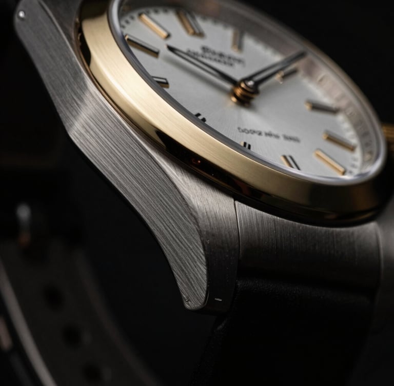 Extreme close-up of a luxury watch with brushed gold bezel, dramatic low-key studio lighting, deep shadows, high-contrast, 35mm