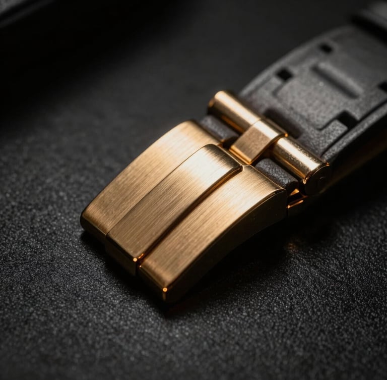 Extreme close-up of brushed gold watch clasp, dramatic studio lighting, deep shadows, stark black and white, 35mm