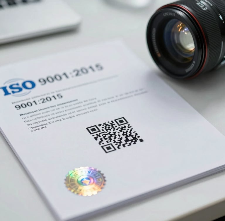 A close-up of an official ISO 9001:2015 registration certificate on a clean slate desk, showing a holographic seal and a prominent QR code for digital verification, bright clinical lighting.