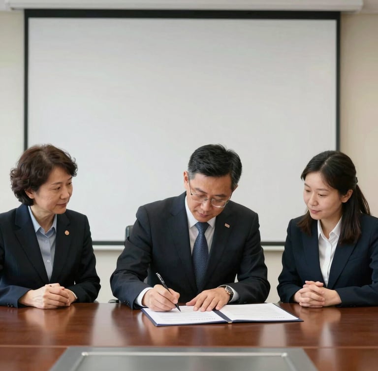 A formal institutional MOU signing ceremony, a clean daylight-balanced university boardroom, college principal signing papers next to a healthcare foundation representative, crisp professional atmosphere, medium-close shot.
