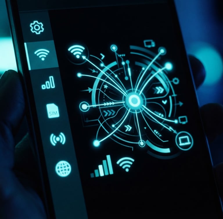 Sleek close-up shot of an Android smartphone screen displaying network settings, glowing neon cyan ambient light, dark mode aesthetic, 35mm photography