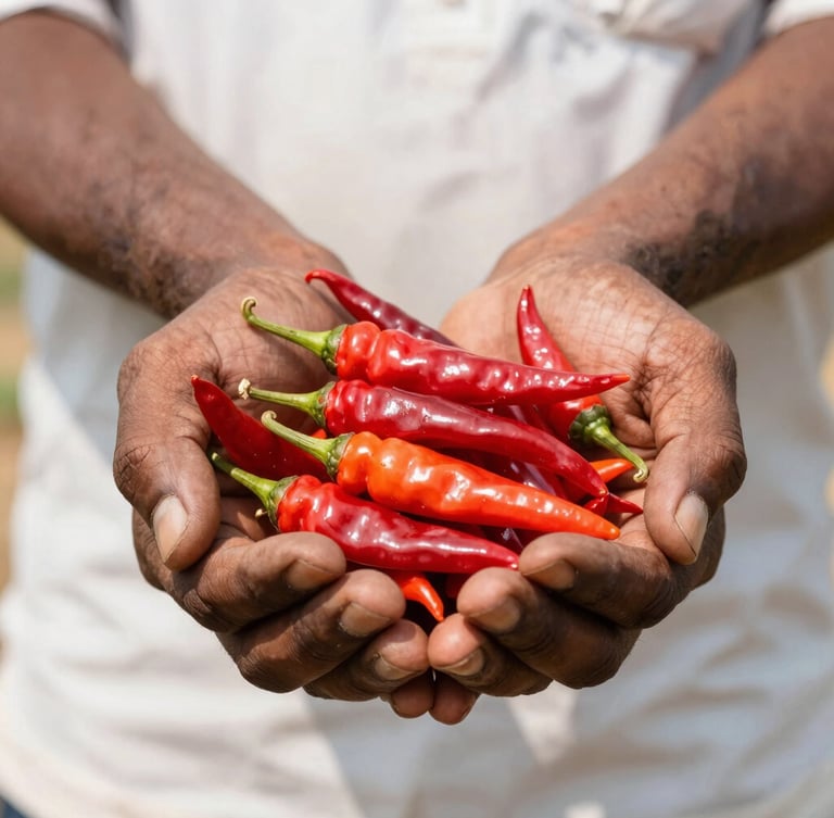 Hands of an Indian farmer holding freshly harvested red Guntur chillies under bright, high-contrast tropical sunlight, sharp details, 35mm