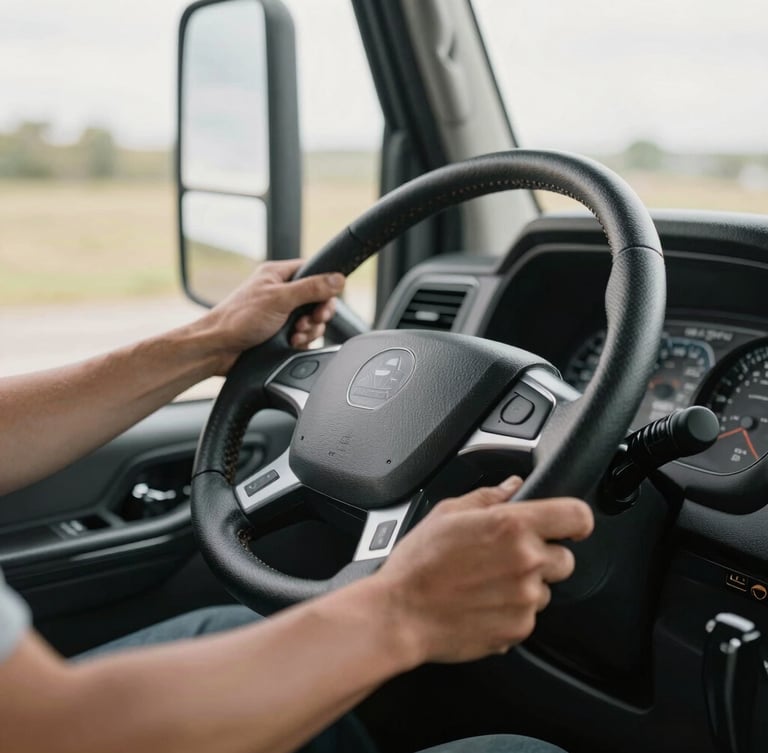 Close-up of experienced driver hands firmly holding a modern truck steering wheel, soft morning sunlight illuminating the cabin dashboard, clean and professional setting