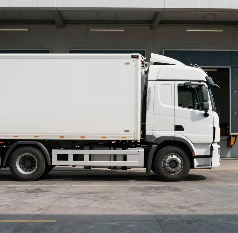Side profile of a pristine white modern transport truck parked at a clean, structured loading bay in Çerkezköy, cinematic lighting, sharp details