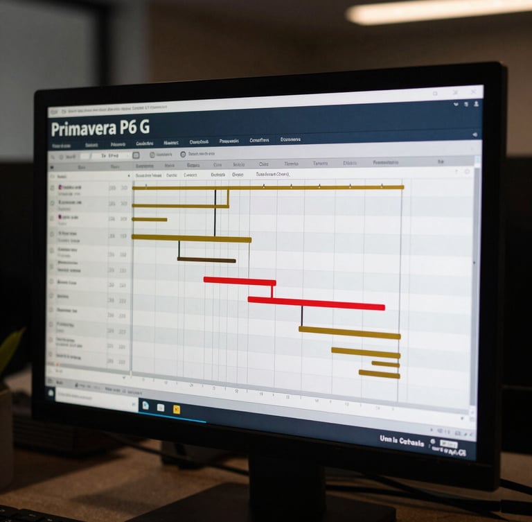 A detailed Primavera P6 Gantt chart on a high-resolution monitor, complex critical path networks highlighted in red and gold against a dark interface, low-key dramatic office lighting