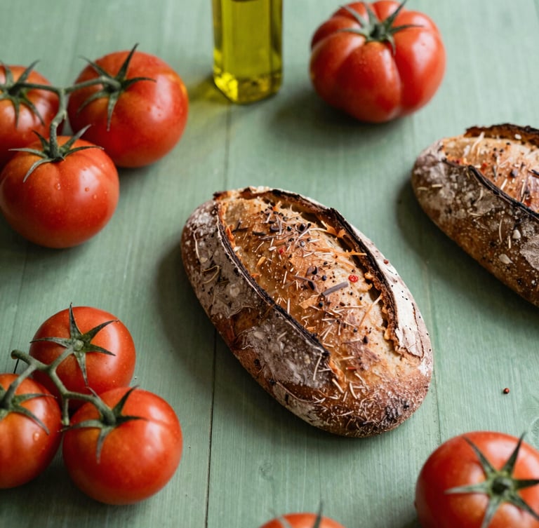 Overhead table spread of rustic sourdough, heirloom tomatoes, and olive oil under warm Scandinavian natural daylight, rich crimson and forest green tones, shallow depth of field, 35mm