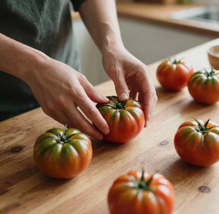 A close-up of hands prepping fresh heirloom tomatoes on a rustic wooden counter in a warm Scandinavian-style kitchen, soft natural daylight casting moody shadows, 35mm photography