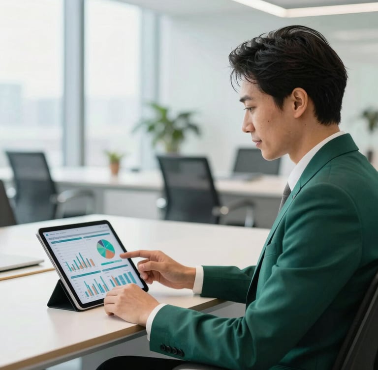 polished editorial photography, bright natural office light, sophisticated emerald and gold tones, shallow depth of field, 35mm. A confident leader sitting in a modern high-end office, looking at a tablet screen displaying sales dashboards.