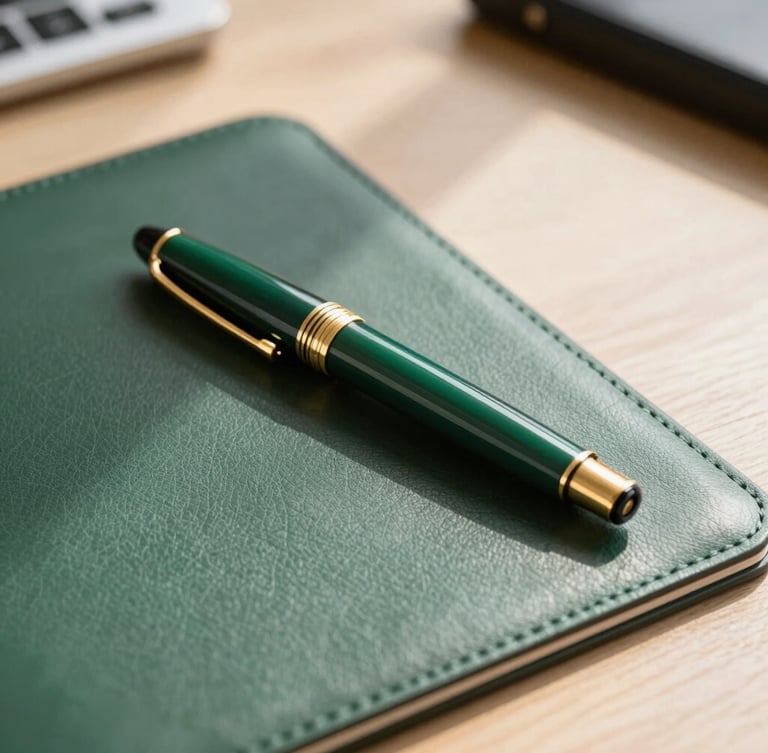 Close-up of a high-end fountain pen on a dark green leather desk pad, gold details, warm sunlight, sophisticated corporate atmosphere, 35mm