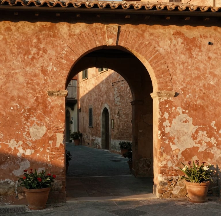 Atmospheric architectural details of a weathered terracotta archway in a quiet Italian village, warm side-lighting casting long shadows, cinematic 35mm film grain.
