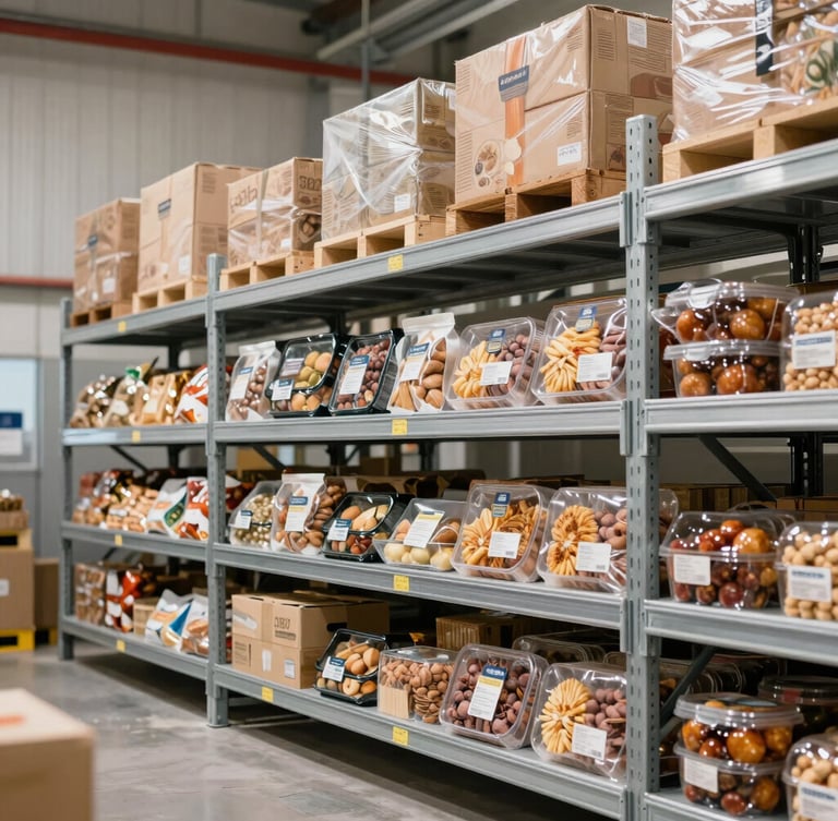 A sharp editorial photograph of a modern, clean cold-storage warehouse facility, steel shelves with premium food packaging, bright natural daylight, rich organic tones, 50mm lens