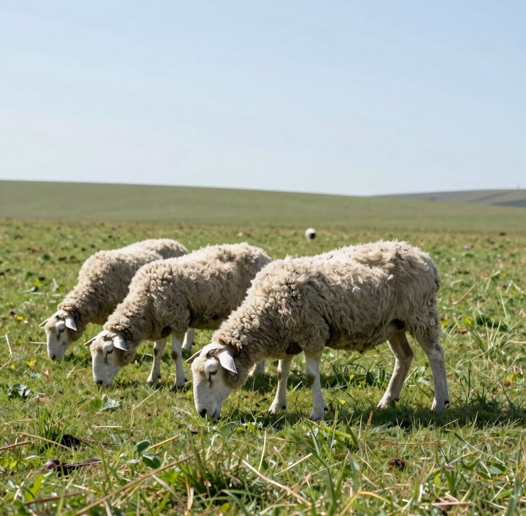 Healthy sheep grazing in an expansive natural green pasture under bright clean daylight, wide environmental shot, sharp focus