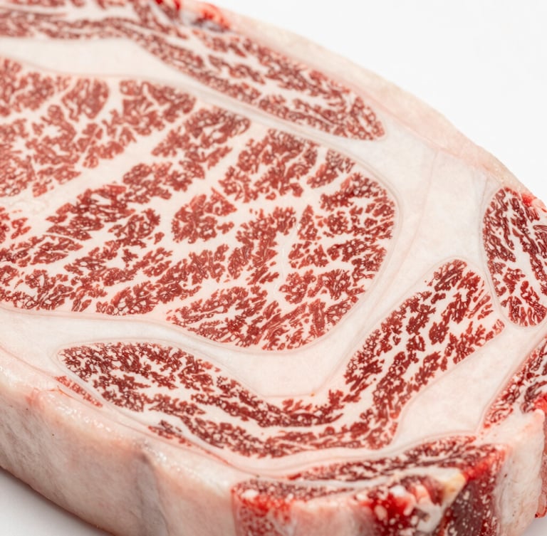 Macro shot of premium raw wagyu beef marbling, bright natural daylight, rich red and white organic tones, sharp focus, 50mm lens