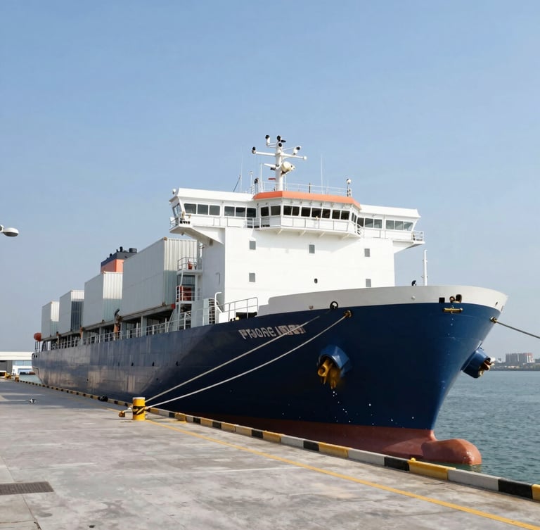 A modern refrigerated cargo ship docked at a clean port terminal during bright daylight, pristine logistics setup, crisp editorial photography