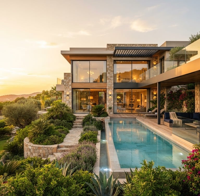 Wide-angle shot of a sunlit modern luxury villa facade with large windows, natural daylight, and lush landscaping, golden hour. Expansive sky on the left.
