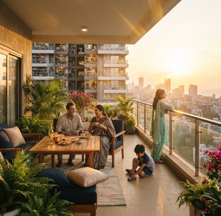 Wide-angle view of a modern Indian high-rise apartment balcony with natural daylight, a family enjoying the spacious interior, golden hour sun flares, architectural photography.