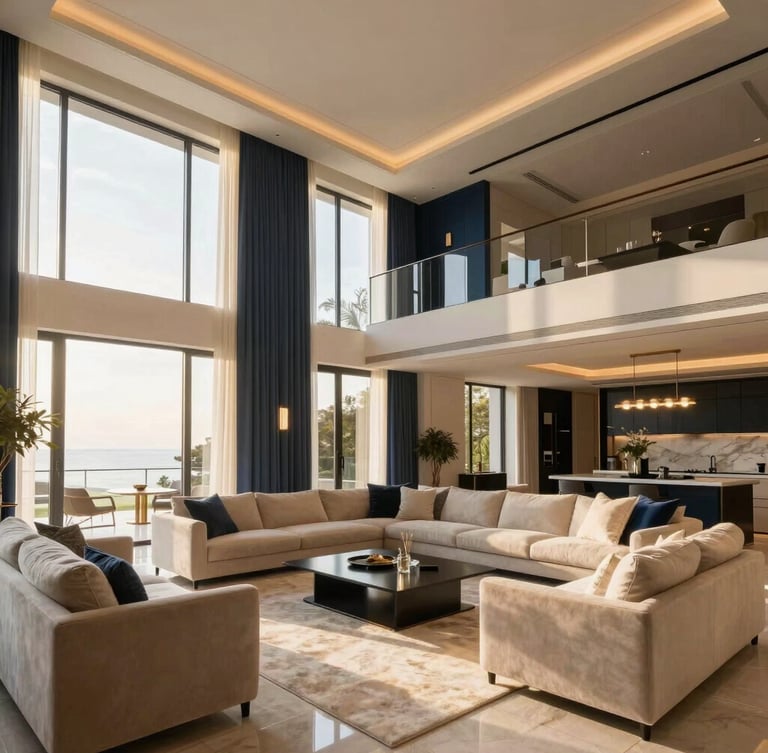 Sunlit interior of a modern luxury villa, showing premium finishes and a spacious living area with large windows, wide angle, natural light.