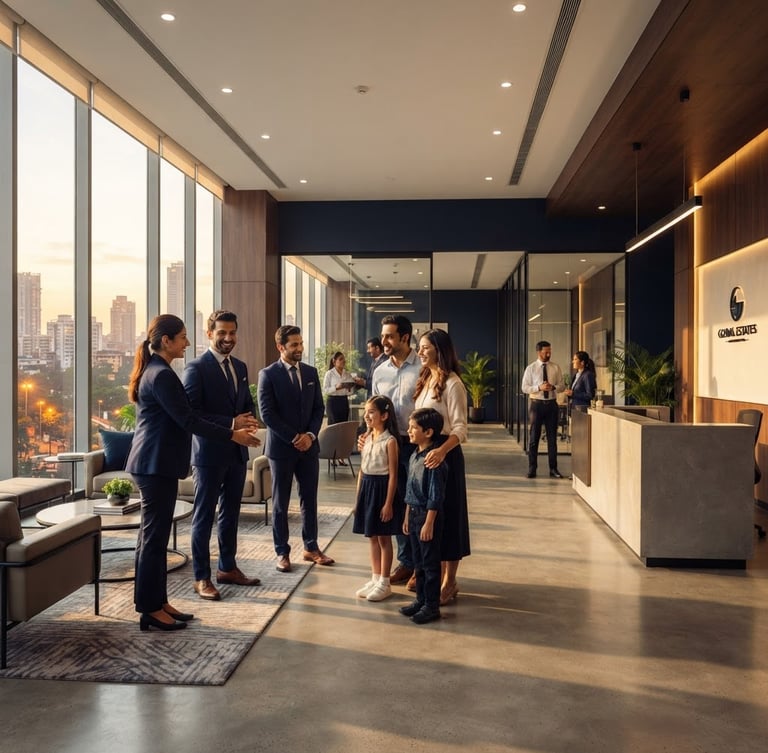 Wide shot of a modern, sunlit real estate office lobby with a diverse team of professional Indian advisors in formal attire, warmly greeting a family. Golden hour light, wide-angle lens.
